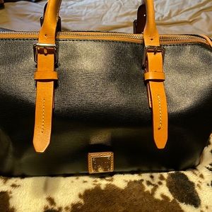 Black Dooney Bourke Olivia bag with tan straps.  Saffiano leather.
